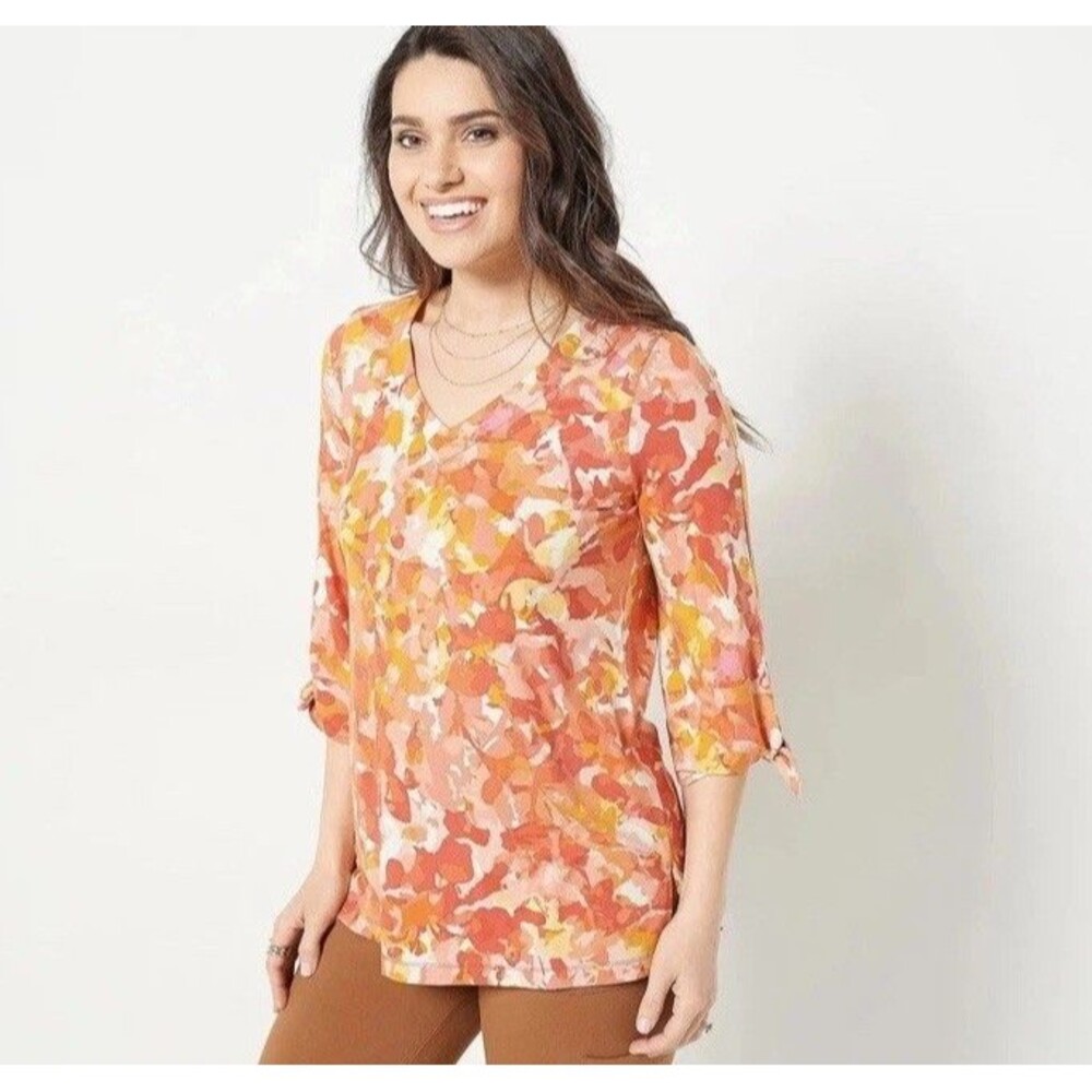 Susan Graver Weekend Printed Cool Touch 3/4 Sleeve Top Shirt Clay Gold M New